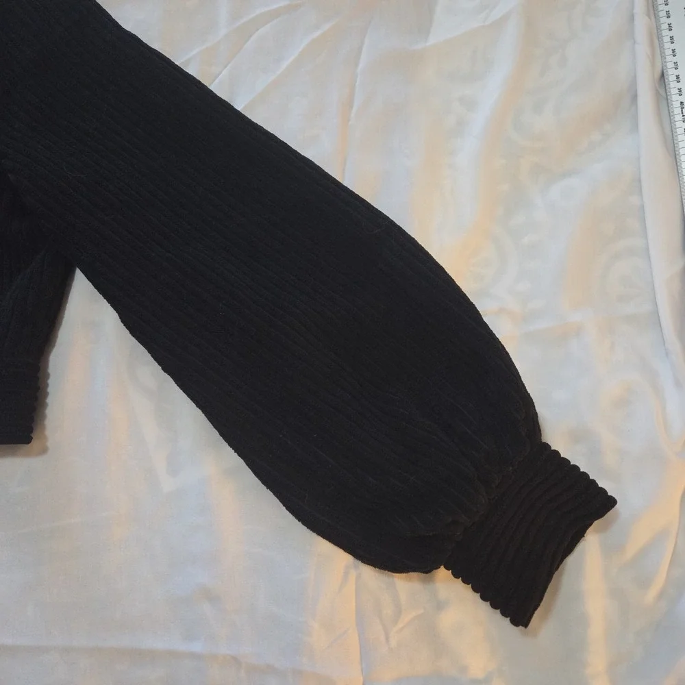 Women's S Black Corduroy Cropped Jacket Balloon Sleeve Silver Button Y2K Grunge